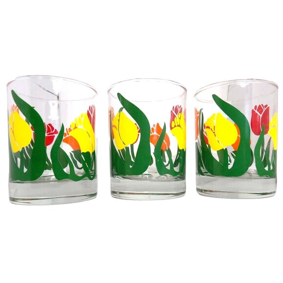 Tulip Floral 16 oz Double Old Fashioned 3 Glasses MCM Orange Red Yellow Lowball - Picture 3 of 5